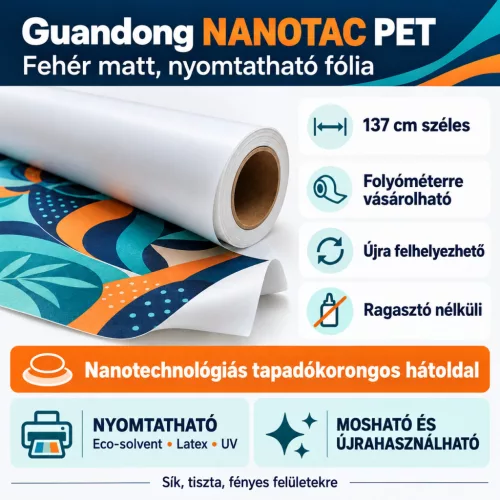 Guandong NANOTAC PET fehér matt, ragasztó nélküli nyomtatható fólia
