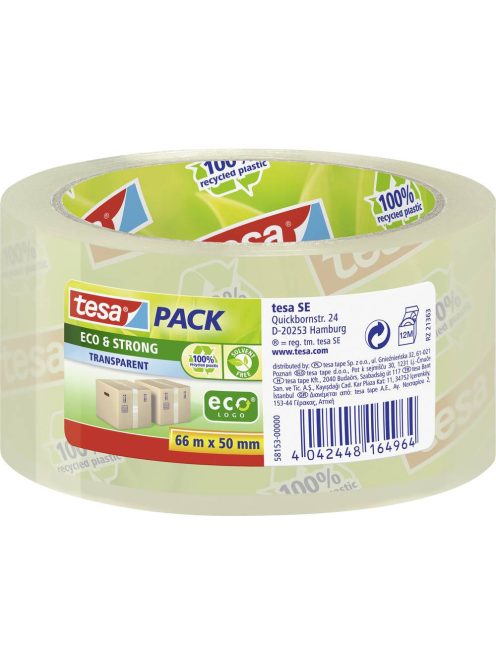 Tesapack Eco&Strong - Csomagolószalag, átlátszó (100% újrahasznosított műanyag) 66 m x 50 mm
